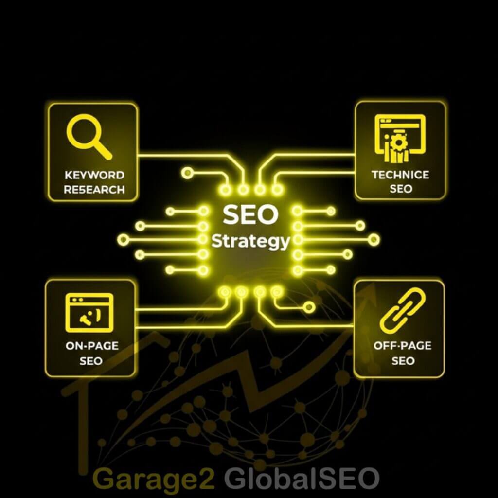 A diagram showing a central 'SEO Strategy' hub connected to the four key components: Keyword Research, Technical SEO, On-Page SEO, and Off-Page SEO, with the Garage2GlobalSEO logo watermarked.