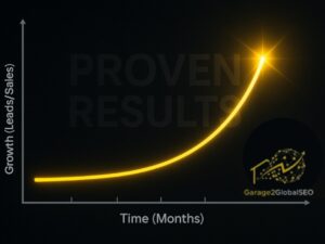 A line graph demonstrating 'Proven Results', with a glowing yellow curve showing significant growth in leads and sales over time, a key benefit of Garage2Global's SEO services.