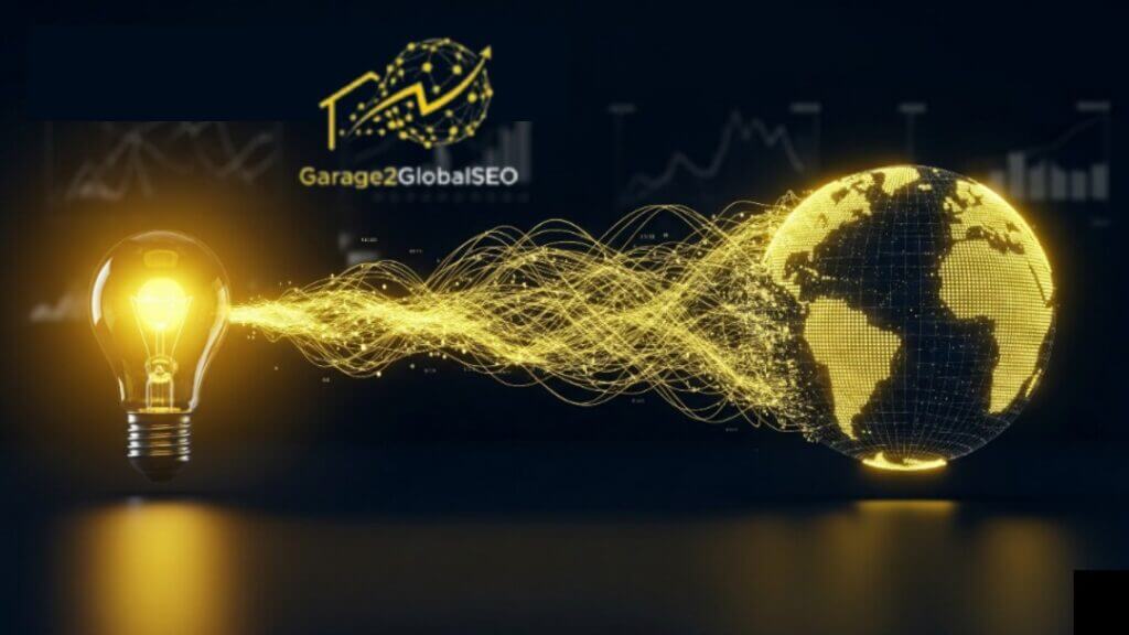 A glowing lightbulb representing a business idea transforms into a digital globe via yellow data streams, showing growth through Garage2Global's affordable digital marketing strategies.