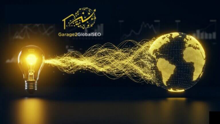 A glowing lightbulb representing a business idea transforms into a digital globe via yellow data streams, showing growth through Garage2Global's affordable digital marketing strategies.