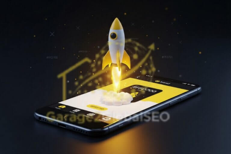 A glowing yellow rocket launches from a smartphone screen, symbolizing fast and innovative app development for startups by Garage2Global