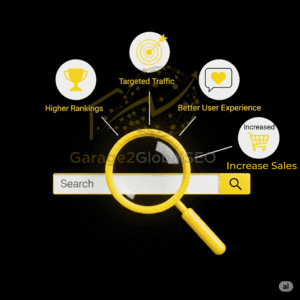 An infographic showing the benefits of keyword optimization, including higher rankings, targeted traffic, better user experience, and increased sales.