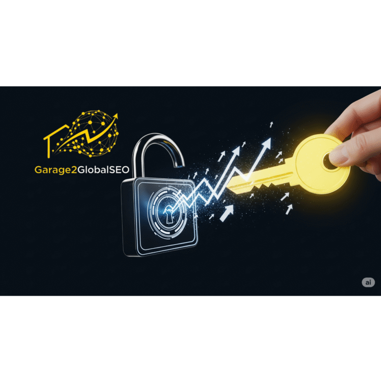 A hand using a yellow key to unlock a padlock, with growth arrows emerging to symbolize unlocking business potential with keyword optimization.