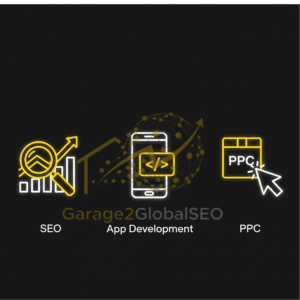 An infographic showcasing the key digital marketing services offered by Garage2Global: SEO, App Development, and PPC.