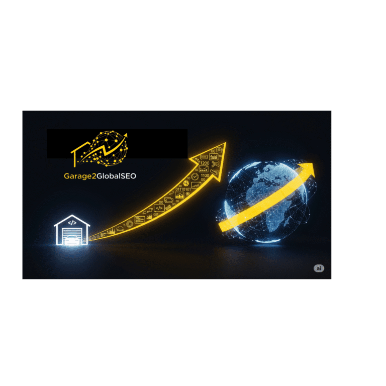 An illustration of the Garage2Global journey, where a small garage grows into a global presence via a digital arrow, symbolizing business growth through their agency.