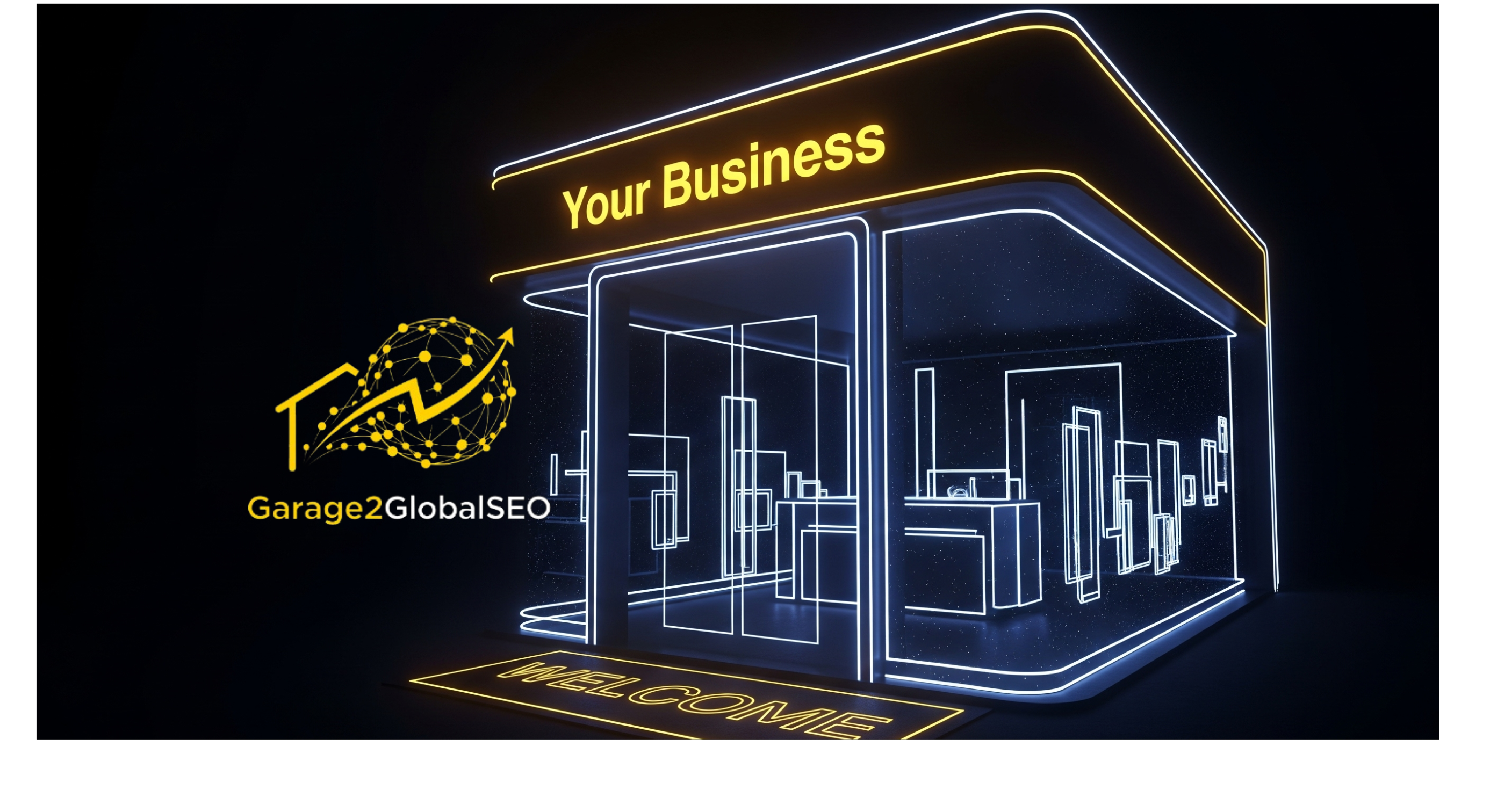 A glowing digital storefront representing a professional business website built by Garage2Global to establish a strong online presence.