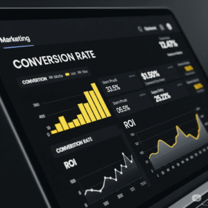 A marketing analytics dashboard showing improvement in key metrics like Conversion Rate, Customer Acquisition Cost (CAC), and Lifetime Value (LTV).