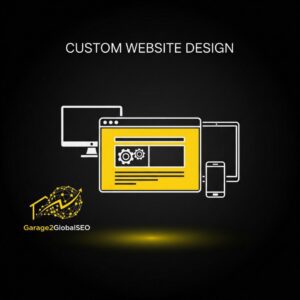 Icon for Custom Website Design, showing a browser window surrounded by desktop, tablet, and smartphone icons to represent responsive design, with gears inside symbolizing performance by garage2global.