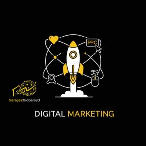 Digital Marketing icon featuring a launching rocket ship symbolizing business growth, surrounded by icons for social media and PPC to represent an integrated strategy by garage2global..