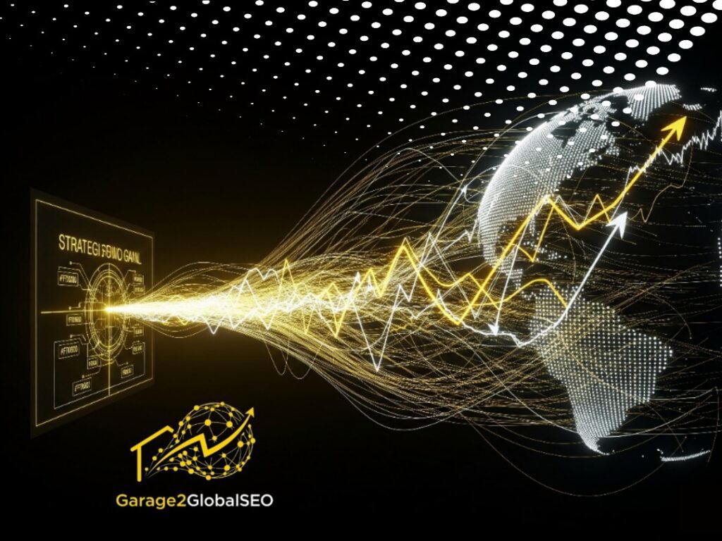 Abstract image of a strategic digital blueprint evolving into a glowing globe via data streams with upward-trending graphs, symbolizing data-driven global growth.