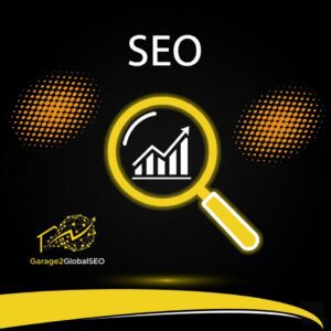 SEO icon with a yellow magnifying glass showing a rising graph, symbolizing growth from search engine optimization by garage2global.
